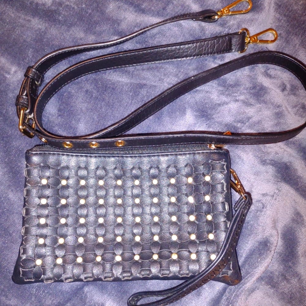 NWOT Purse, crossbody or wrist strap. Black with rhinestones.